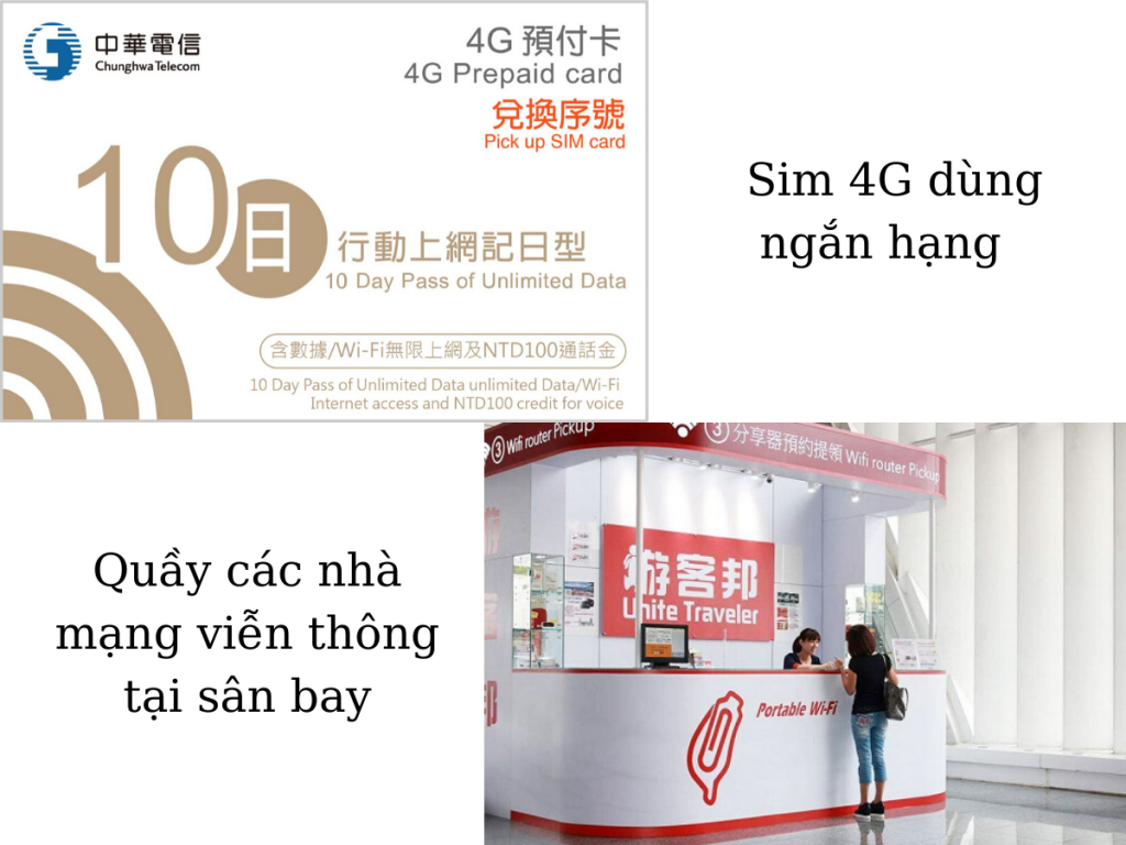 Sim 4G và quầy của các nhà mạng viễn thông tại sân bay