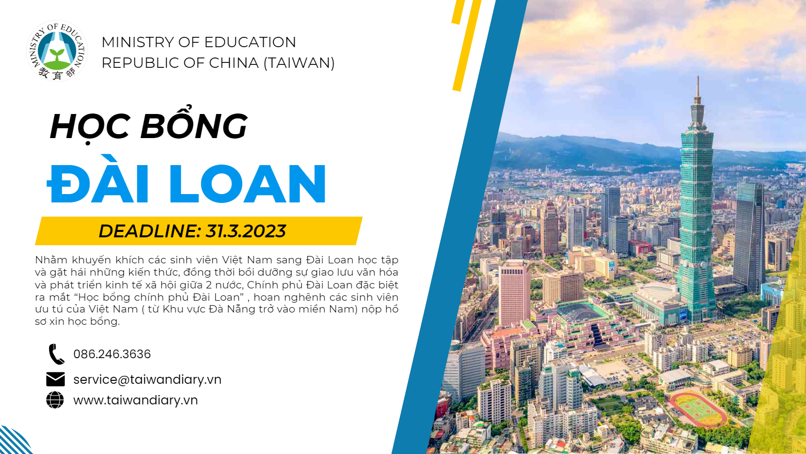 Thông tin Học bổng chính phủ Đài Loan MOE 2023