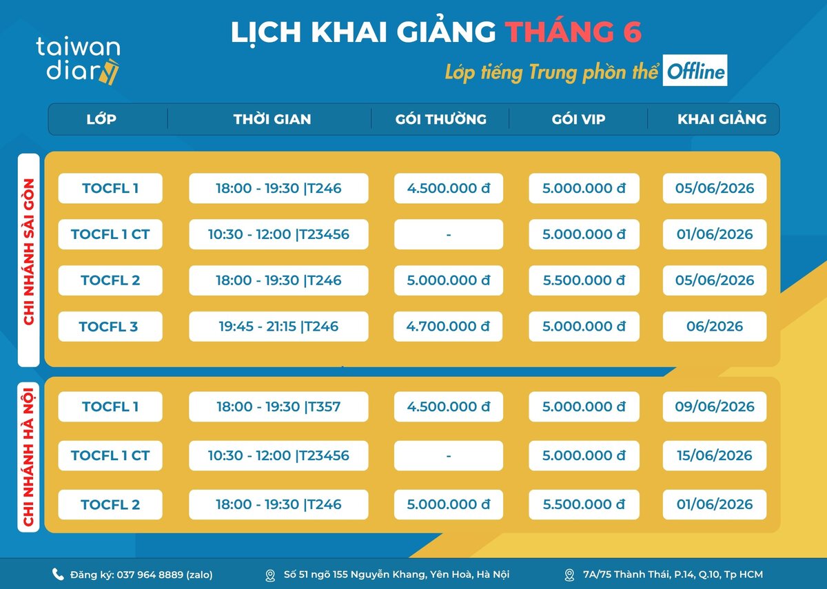 Lịch khai giảng các lớp tiếng Trung phồn thể Online và Offline - tháng 06/2026 3 lich khai giang lop offline thang 6