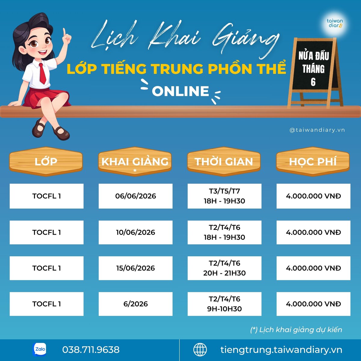 Lịch khai giảng các lớp tiếng Trung phồn thể Online và Offline - tháng 06/2026 1 lich khai giang lop online thang 6 1