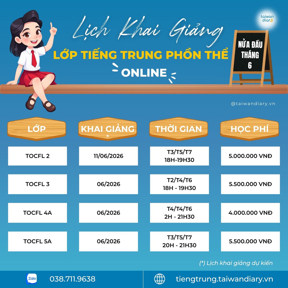 Lịch khai giảng các lớp tiếng Trung phồn thể Online và Offline - tháng 06/2026 2 lich khai giang lop online thang 6 2