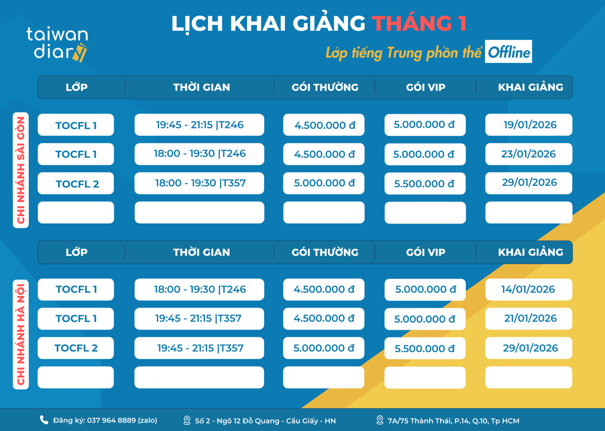Lịch khai giảng các lớp tiếng Trung phồn thể Online và Offline - tháng 1/2026 3 lịch khai giảng lớp tiếng trung offline tháng 1/2026