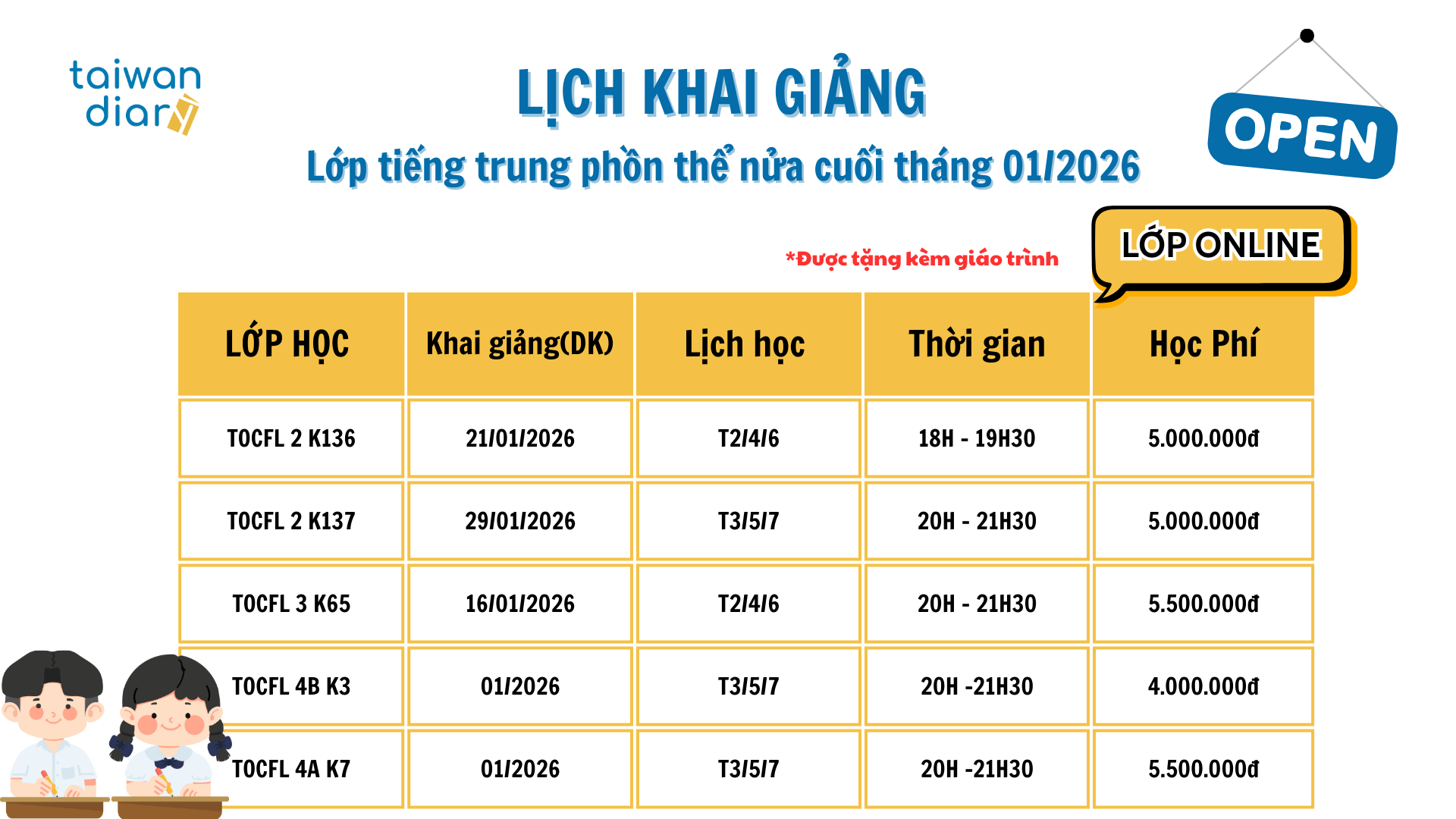 Lịch khai giảng các lớp tiếng Trung phồn thể Online và Offline - tháng 1/2026 2 lịch khai giảng lớp tiếng trung online tháng 1/2026